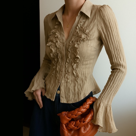 Vintage Tops - Sheer button down blouse blouse ruffles bell sleeve silky translucent camel